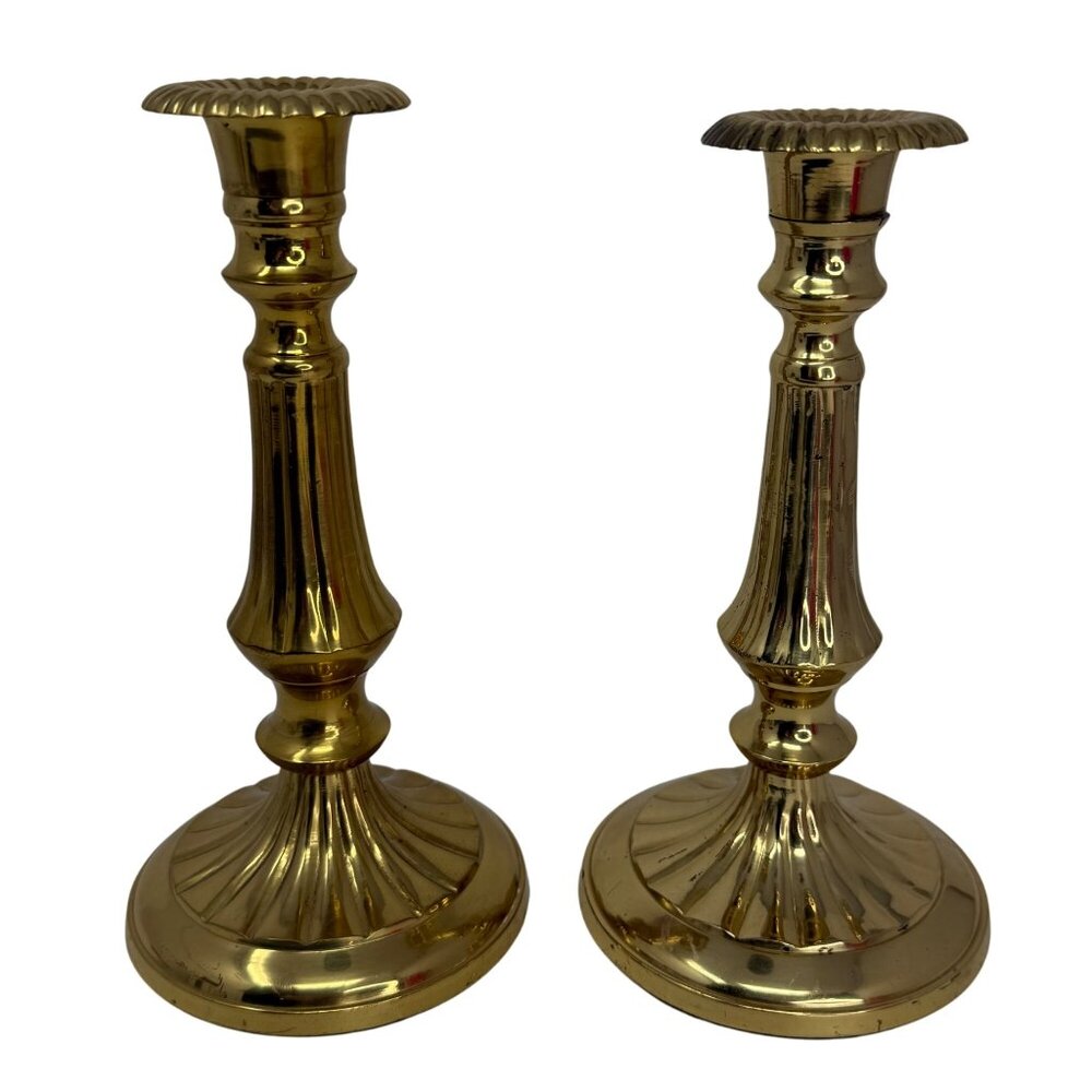 Pair Vintage Solid Lacquered Brass Candlesticks Taper‎ Candle Holders 7.75"T MCM